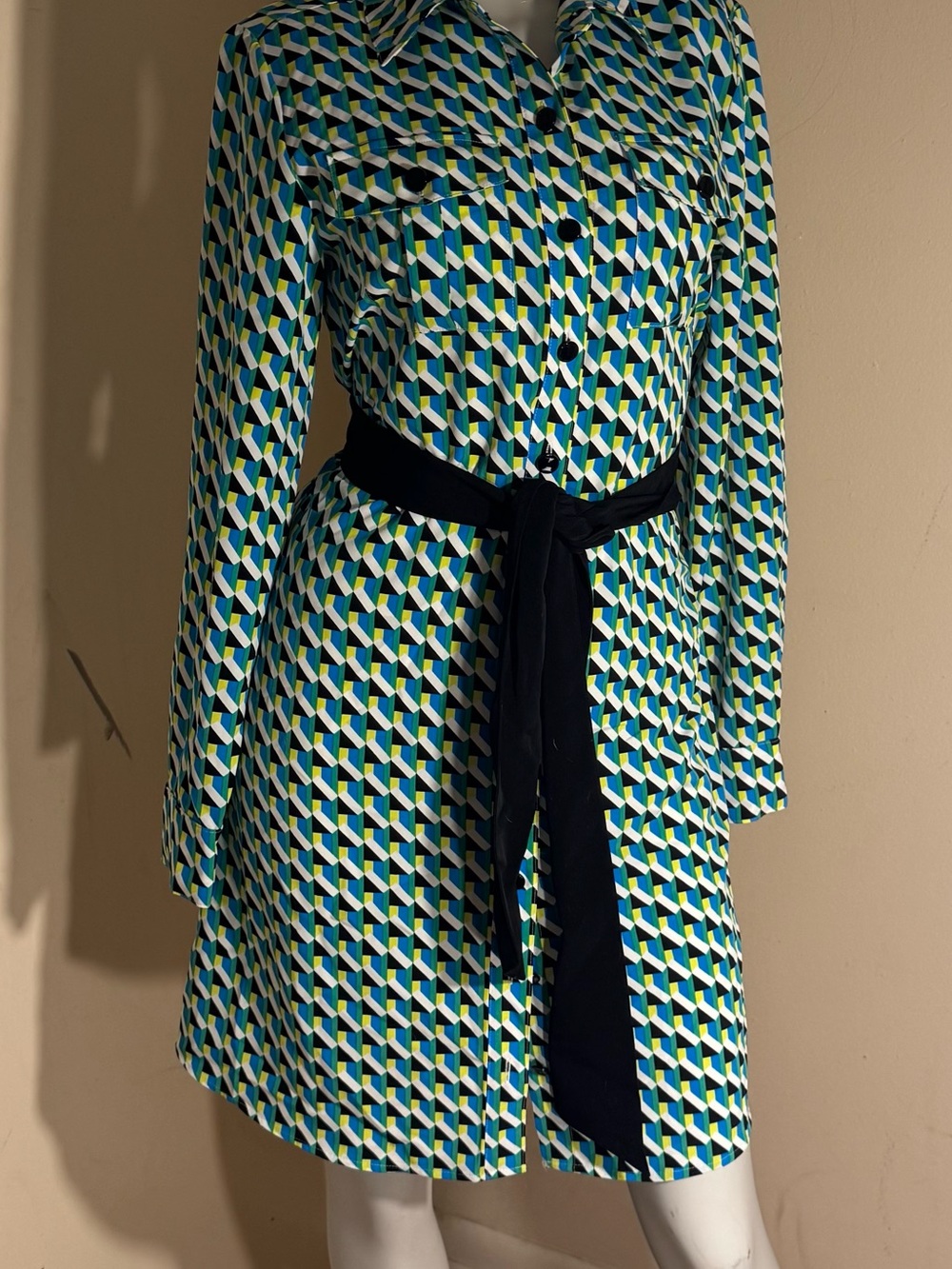 Karl lagerfeld Geometric Print Shirt Dress in Blue, Green & White new with tags